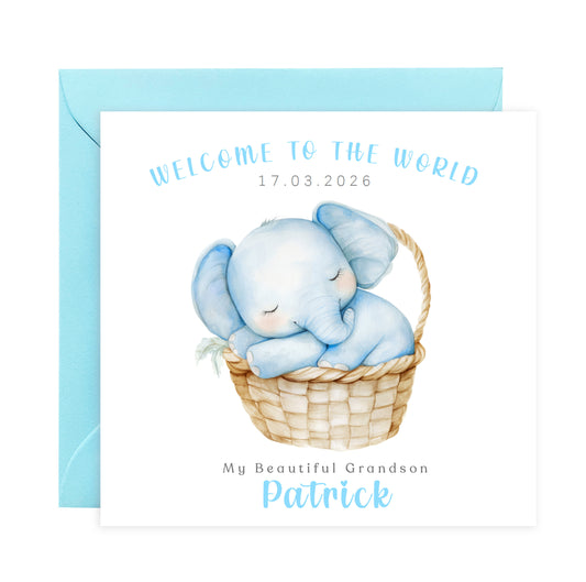 Personalised New Baby Boy Card Congratulations for Newborn Son, Grandson, Nephew, Welcome To The World Card - Elephant Design with Custom Date, Name and Message - Blue Envelope Included
