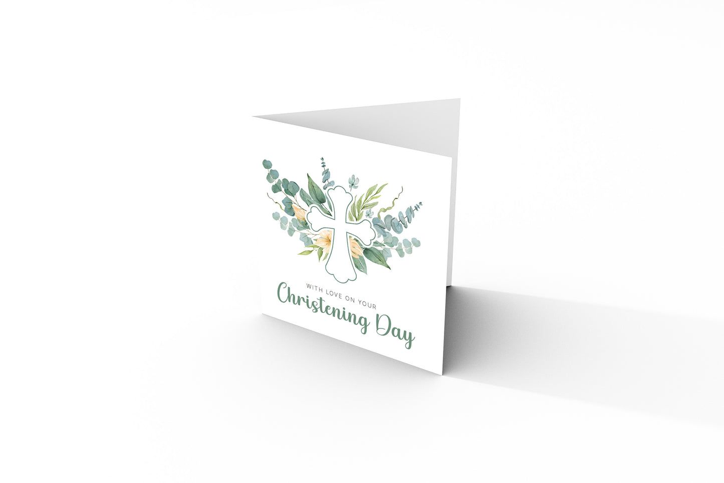 Christening Day/ Baptism Card for Boys or Girls - Elegant Religious Baptism Card with Cross & Greenery for Son, Daughter, Grandson, Granddaughter, Nephew, Niece - Green Envelope Included