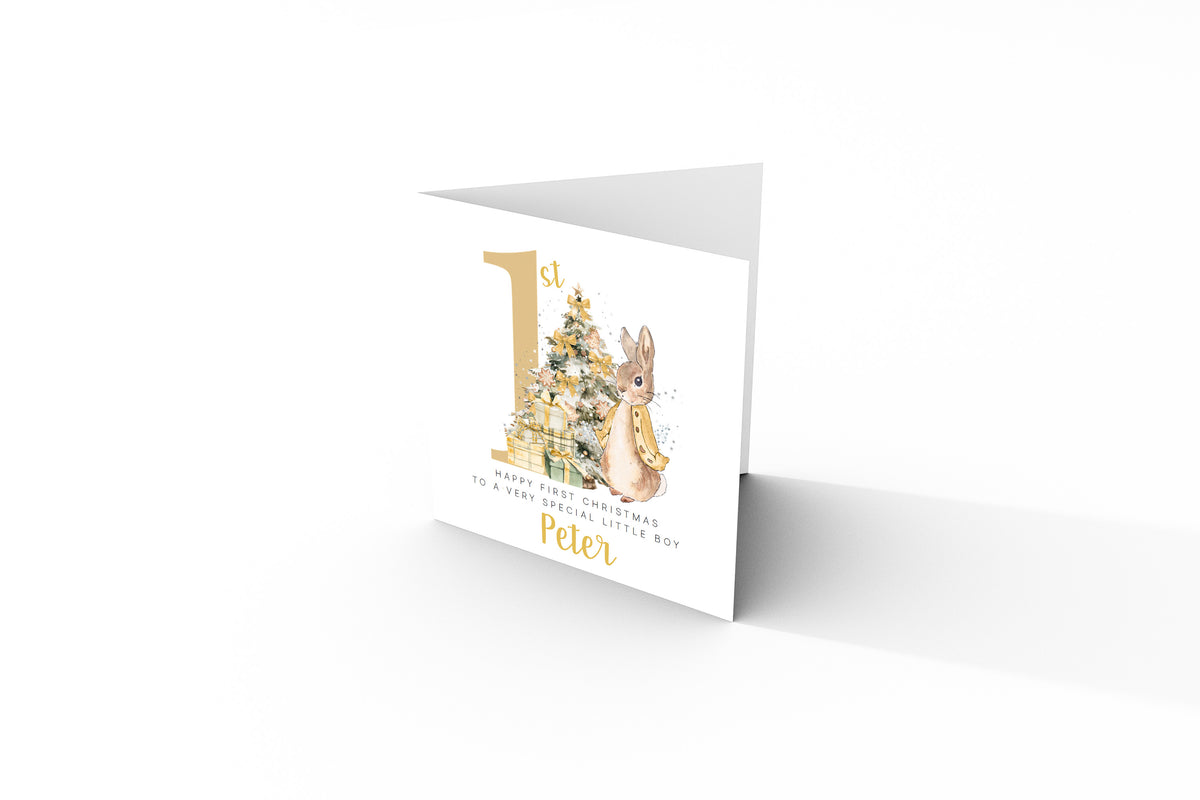 Personalised 1st Christmas Card for Baby Boy or Baby Girl – Golden Rabbit and Christmas Trees
