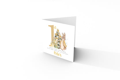 Personalised 1st Christmas Card for Baby Boy or Baby Girl – Golden Rabbit and Christmas Trees