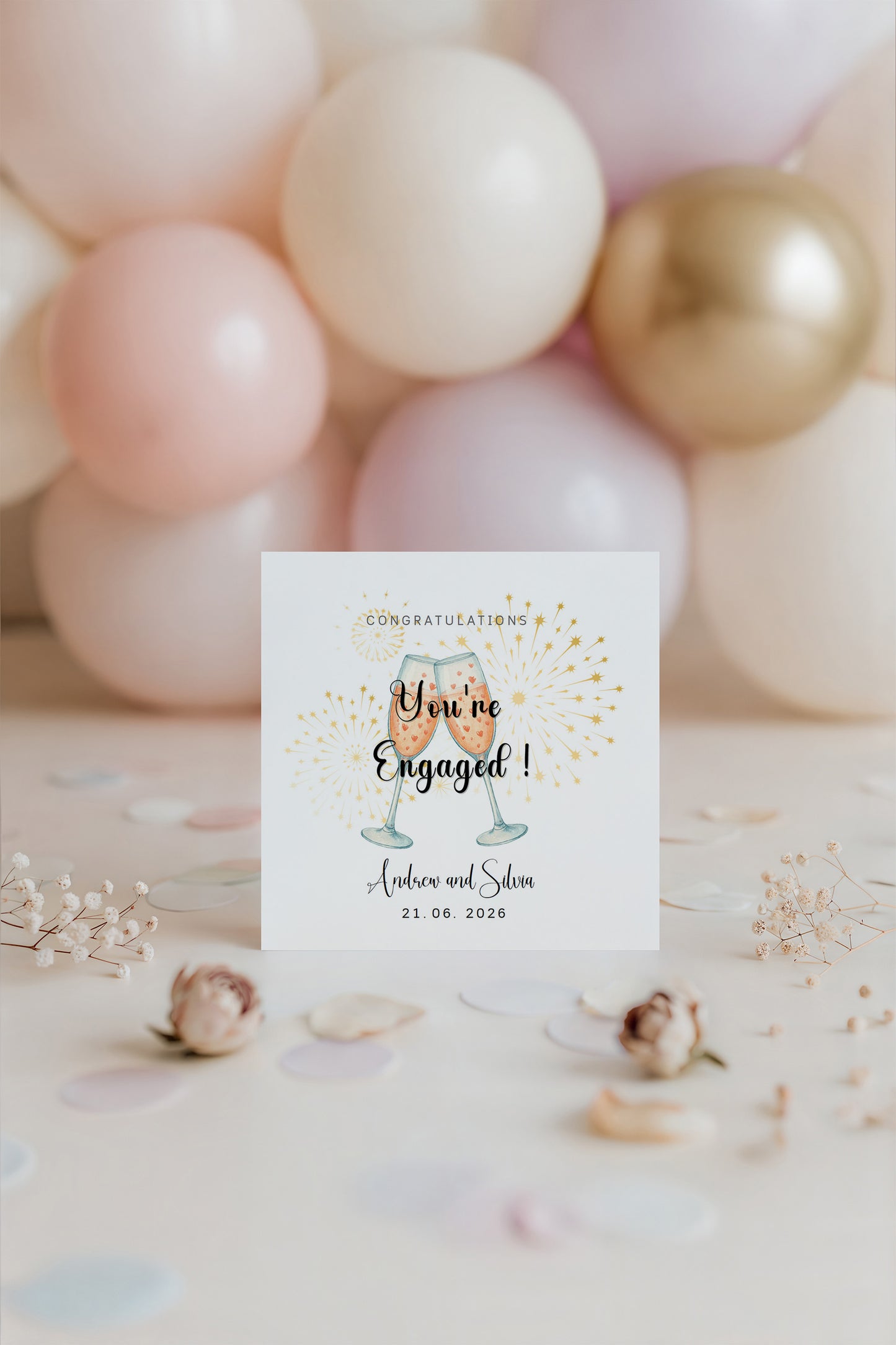 Personalised Engagement Card with Custom Couple's Name & Date – You’re Engaged Champagne Toast Design - Congratulations Card for Couples, Him or Her - Kraft Envelope Included