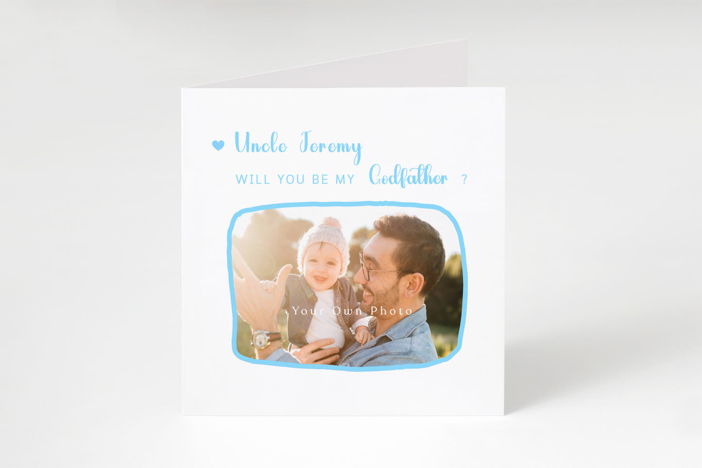 Personalised Photo Godfather Proposal Card - Will You Be My Godfather Card with Custom Name and Photo - Elegant Personalised Baptism Christening Day Proposal Card - Blue Envelope Included