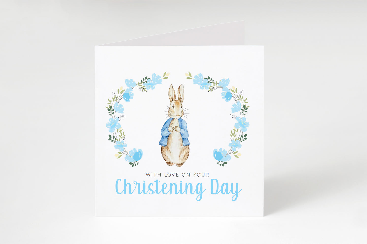 Christening Day Card for Boy – Blue Bunny Floral Wreath Design – With Love on Your Christening Day Religious Baptism Christening Card for Boys, Son, Grandson, Nephew with Blue Envelope