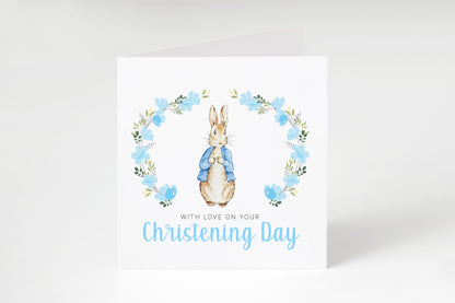 Christening Day Card for Boy – Blue Bunny Floral Wreath Design – With Love on Your Christening Day Religious Baptism Christening Card for Boys, Son, Grandson, Nephew with Blue Envelope