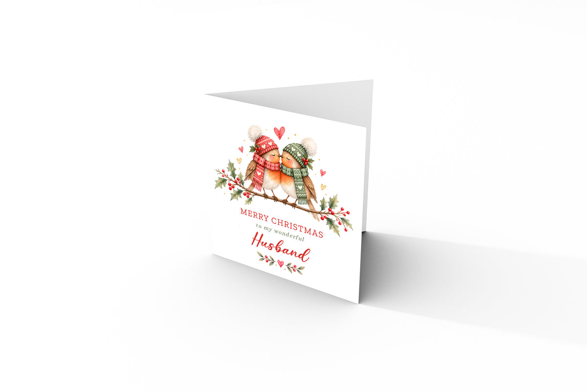 Cute Robin Couple Christmas Card for Husband – Merry Christmas My Wonderful Husband