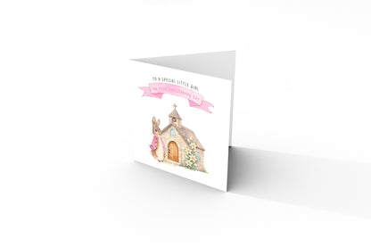 Christening Day/ Baptism Card for Girl – Cute Bunny & Church Design – To a Special Little Girl Baptism Card Christening Card for Girls, Daughter, Granddaughter, Niece with Pink Envelope