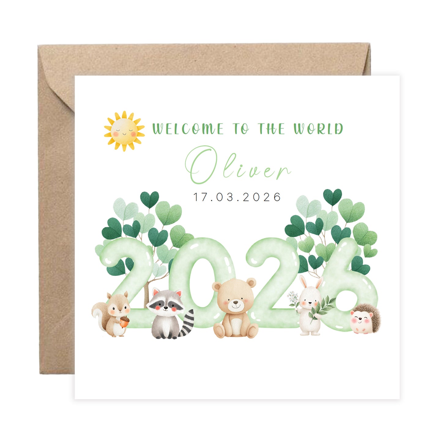 2026 Personalised New Baby Boy Card Congratulations for Newborn Son, Grandson, Nephew - Welcome To The World Card - Cute Woodland Animal Design with Custom Name and Date with Kraft Envelope