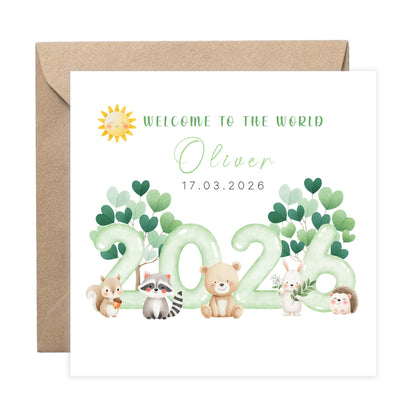 2026 Personalised New Baby Boy Card Congratulations for Newborn Son, Grandson, Nephew - Welcome To The World Card - Cute Woodland Animal Design with Custom Name and Date with Kraft Envelope