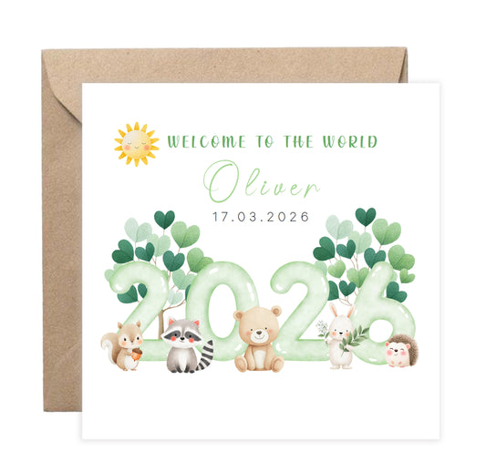 2026 Personalised New Baby Boy Card Congratulations for Newborn Son, Grandson, Nephew - Welcome To The World Card - Cute Woodland Animal Design with Custom Name and Date with Kraft Envelope