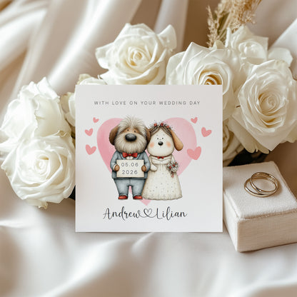 Personalised Wedding Card – Custom Couple's Names & Wedding Date – Cute Dogs Design - Wedding Congratulations Card for Newlywed couples, Dog Lovers, Him or Her - Pink Envelope Included
