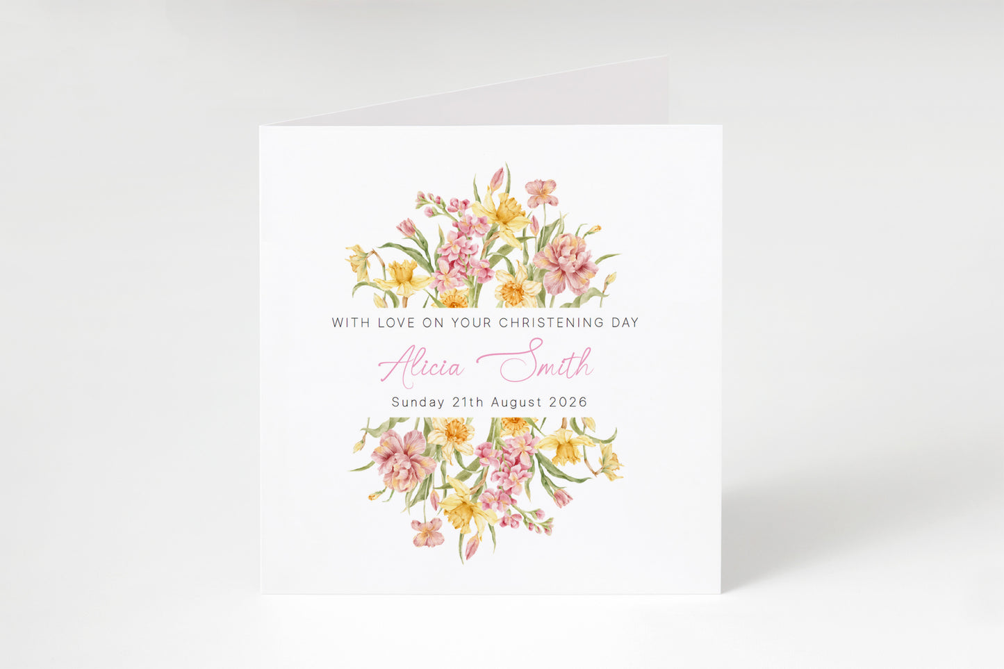 Personalised Christening Card for Girl – Custom Baptism Card with Name & Date - Elegant Pink & Yellow Flower Design – Baptism Card for Girls, Daughter, Granddaughter, Niece - Pink Envelope Included