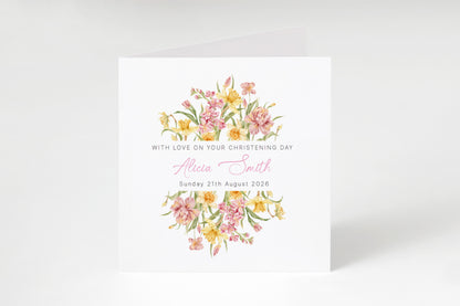 Personalised Christening Card for Girl – Custom Baptism Card with Name & Date - Elegant Pink & Yellow Flower Design – Baptism Card for Girls, Daughter, Granddaughter, Niece - Pink Envelope Included