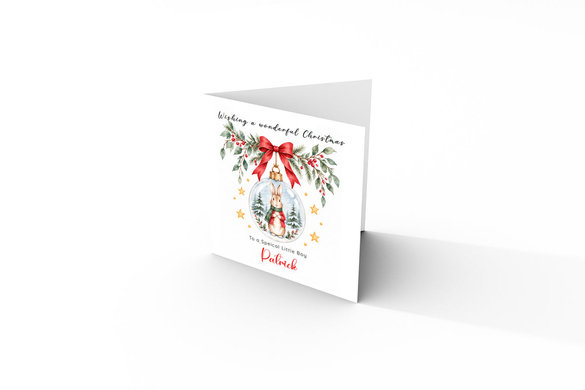 Personalised Christmas card for Boys – Red Bunny in a Christmas Bauble