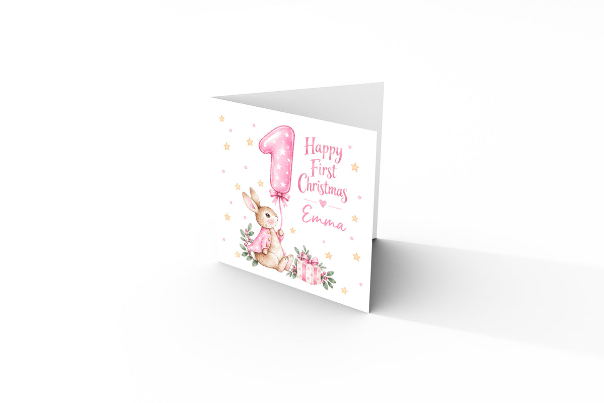 Personalised Baby Girl's First Christmas Card – Pink Cute Bunny Design