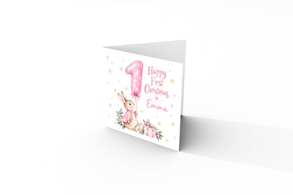 Personalised Baby Girl's First Christmas Card – Pink Cute Bunny Design