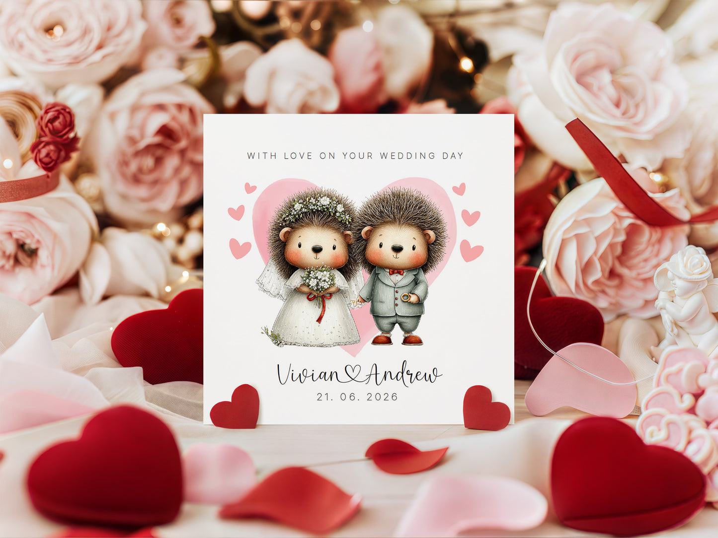 Personalised Wedding Card with Custom Couple's Names & Wedding Date – Cute Hedgehog Design - Wedding Congratulations Card for Newlywed couples, Animal Lovers, Him or Her - Pink Envelope Included