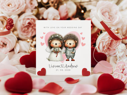 Personalised Wedding Card with Custom Couple's Names & Wedding Date – Cute Hedgehog Design - Wedding Congratulations Card for Newlywed couples, Animal Lovers, Him or Her - Pink Envelope Included