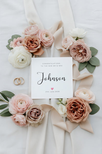 Personalised Wedding Card with Couple's Surname & Date – Minimalist Mr & Mrs Card – Elegant Script Surname Wedding Card – Modern Newlywed Congratulations Card for Him or Her - Kraft Envelope Included