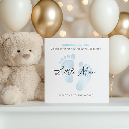 New Baby Boy Card Congratulations for Newborn Boy, Welcome To The World Card, Baby Shower for Son, Grandson, Nephew, Little One - Baby Feet Design - Blue Envelope Included