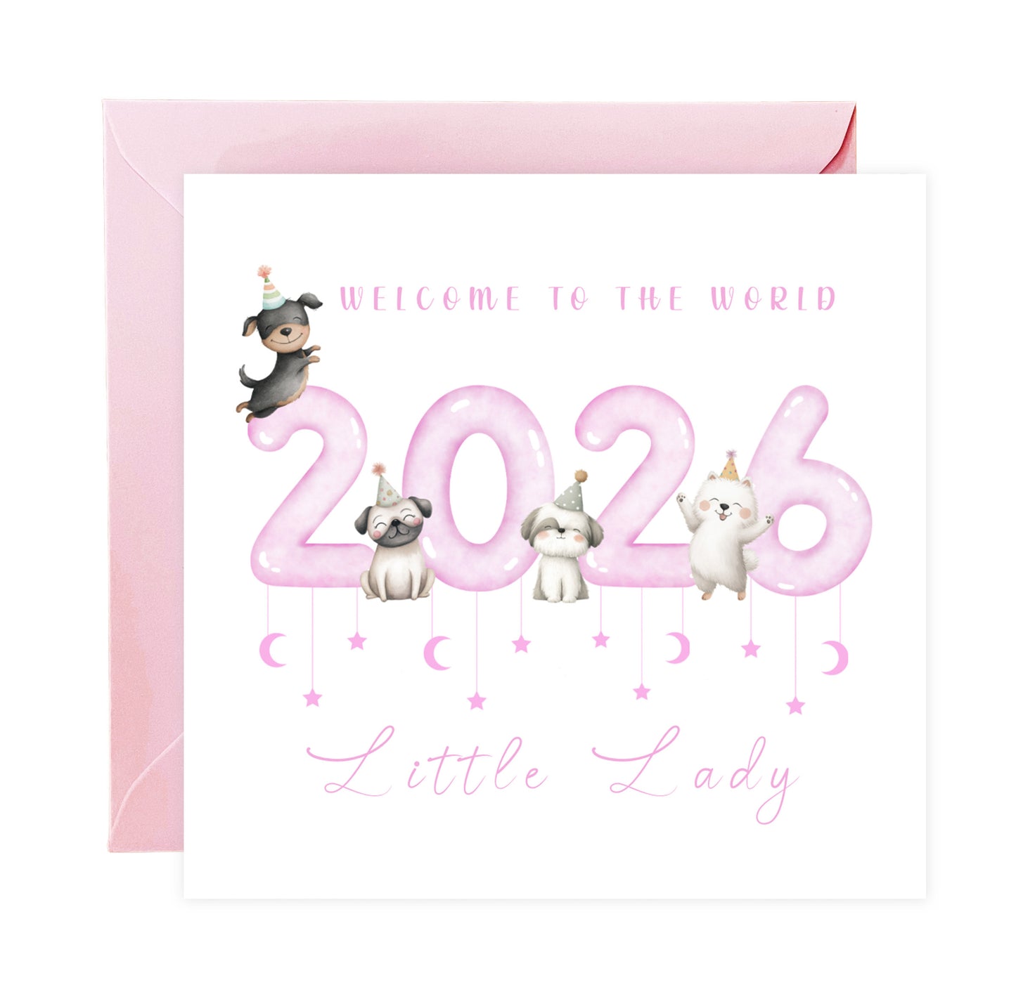 New Baby Girl Card Congratulations for Newborn Baby, Welcome To The World Card, Baby Shower Card for Daughter Granddaughter, Niece, Baby Girl, Little One - Cute Puppy Dogs Design with Pink Envelope