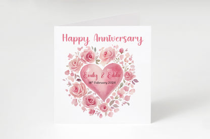Personalized Anniversary Card – Romantic Floral Heart Design with Customised Names and Date– for Couples, Husband, Wife, Relationship, Engagement, 1st Date – Pink Envelope Included