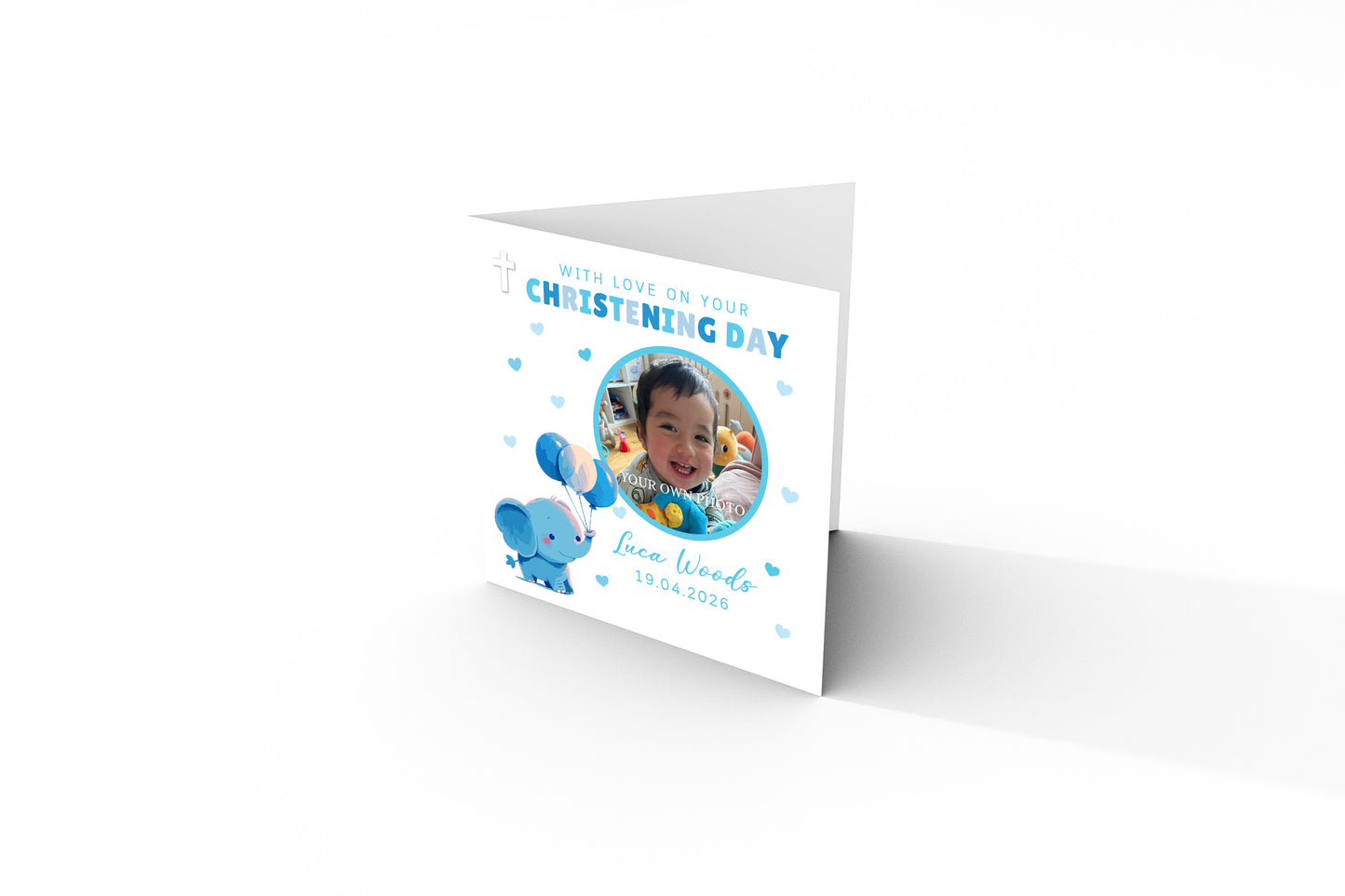Personalised Photo Christening Card for Boy – Custom Baptism Card with Image, Name & Date -  Cute Blue Elephant Design – Baptism Card for Boys, Son, Grandson, Nephew with Blue Envelope