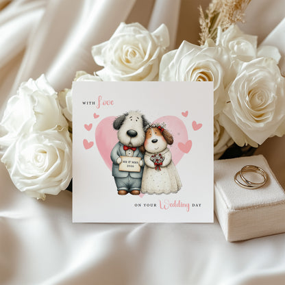 Cute Dog Wedding Card – Wedding Congratulations Card – Adorable Animal Wedding Card – Romantic Wedding Day Card for Newlywed couples, Dog Lovers, Him or Her – Pink Envelope Included