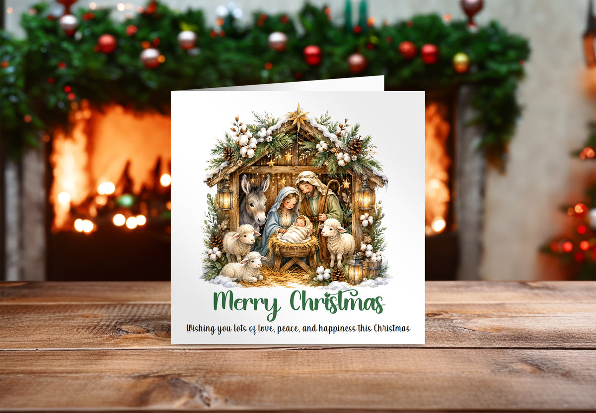 Nativity Christmas Card - Cute Sheep, Donkey, Baby Jesus Design - Elegant Religious Christmas Greeting Card