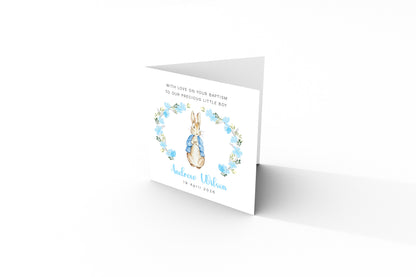 Personalised Christening Card for Boy – Custom Baptism Card with Message, Name & Date -  Blue Bunny Floral Wreath Design – Baptism Card for Boys, Son, Grandson, Nephew with Blue Envelope