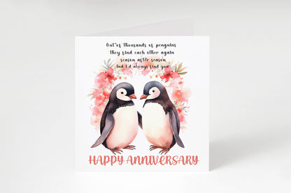 Romantic Penguin Couple Anniversary Card for Wedding, Dating, Relationship Milestones 1st, 2nd, 3rd, 5th, 10th, 20th 30th - For Him, Her, Wife, Husband, Couples - Red Envelope Included