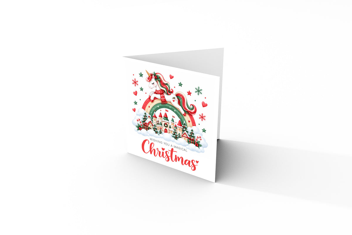 Merry Christmas Card for Girls – Beautiful Magical Unicorn and Xmas Castle