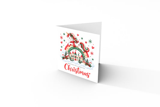 Merry Christmas Card for Girls – Beautiful Magical Unicorn and Xmas Castle