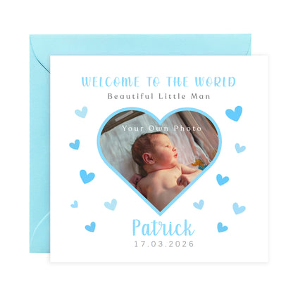 Personalised Photo New Baby Boy Card Congratulations for Newborn Boy, Welcome To The World Card, Baby Shower for Son, Grandson, Nephew, Heart Design with Custom Name, Date and Photo with Blue Envelope