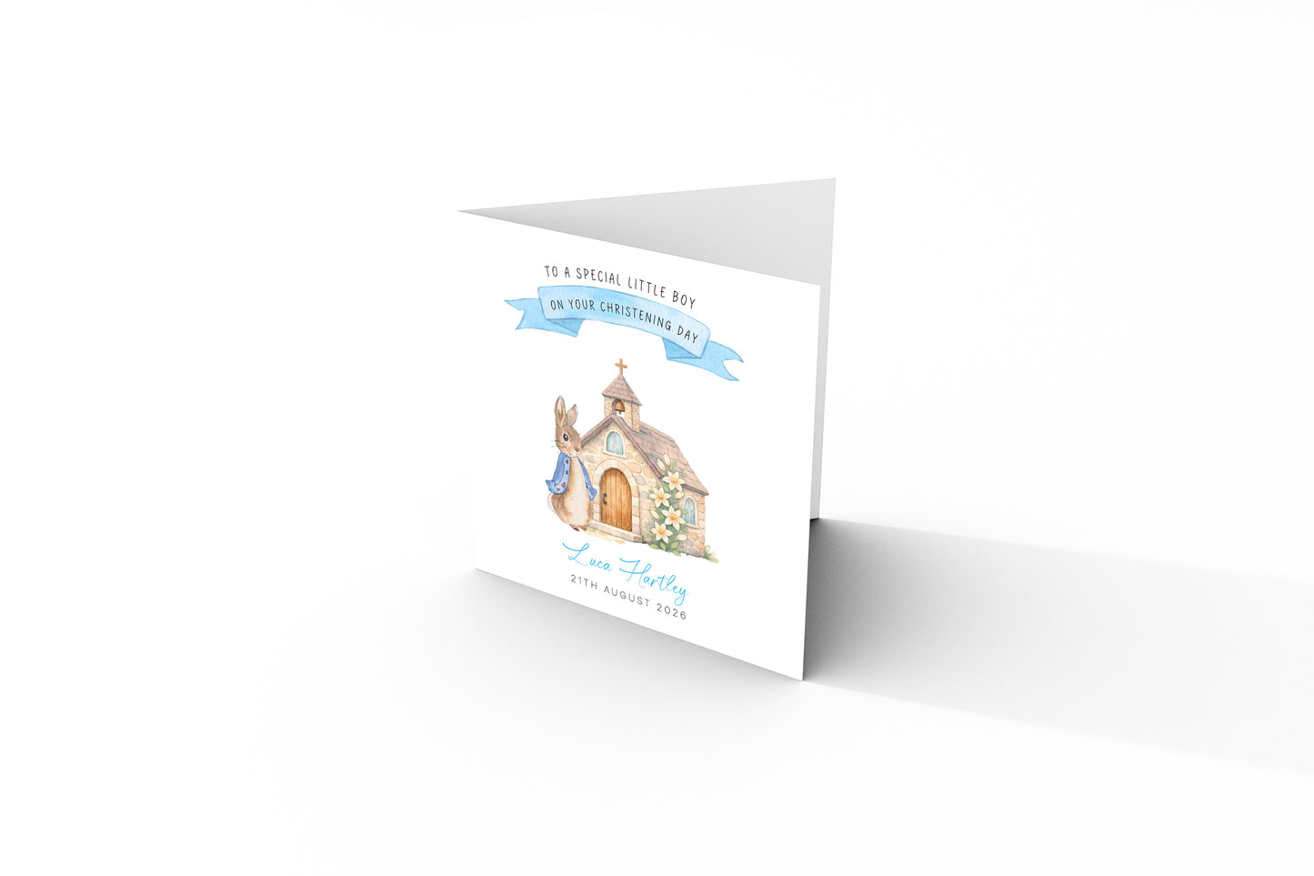 Personalised Christening Card for Boy – Custom Baptism Card with Message, Name & Date - Cute Bunny & Church Design – Baptism Card for Boys, Son, Grandson, Nephew with Blue Envelope