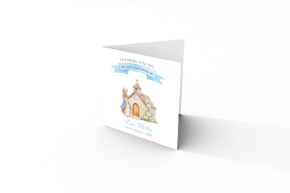 Personalised Christening Card for Boy – Custom Baptism Card with Message, Name & Date - Cute Bunny & Church Design – Baptism Card for Boys, Son, Grandson, Nephew with Blue Envelope