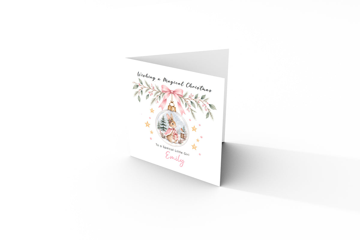 Personalised Christmas Card for Girls – Bunny in a Christmas Bauble