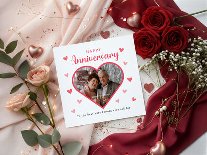 Personalised Photo Anniversary Card - Heart-shaped Photo Frame Design - Custom Message & Photo for Wedding, Dating, Relationship Milestone, Wife, Husband, Partner, Couple - Red Envelope Included