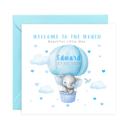Personalised New Baby Boy Card Congratulations for Newborn Son, Grandson, Nephew, Welcome To The World Card - Elephant in a Hot Air Balloon Design with Custom Name and Date - Blue Envelope Included