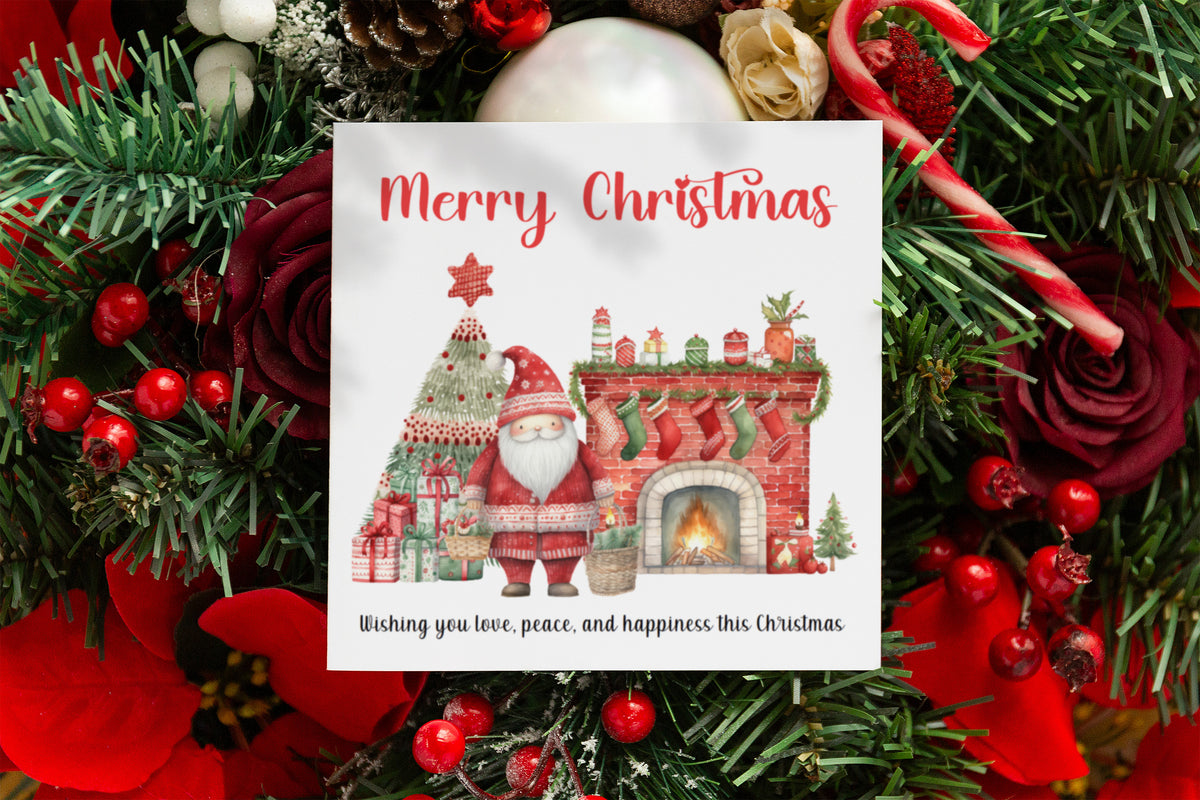 Cute Santa Christmas Greeting Card – Watercolour Festive Fireplace Design