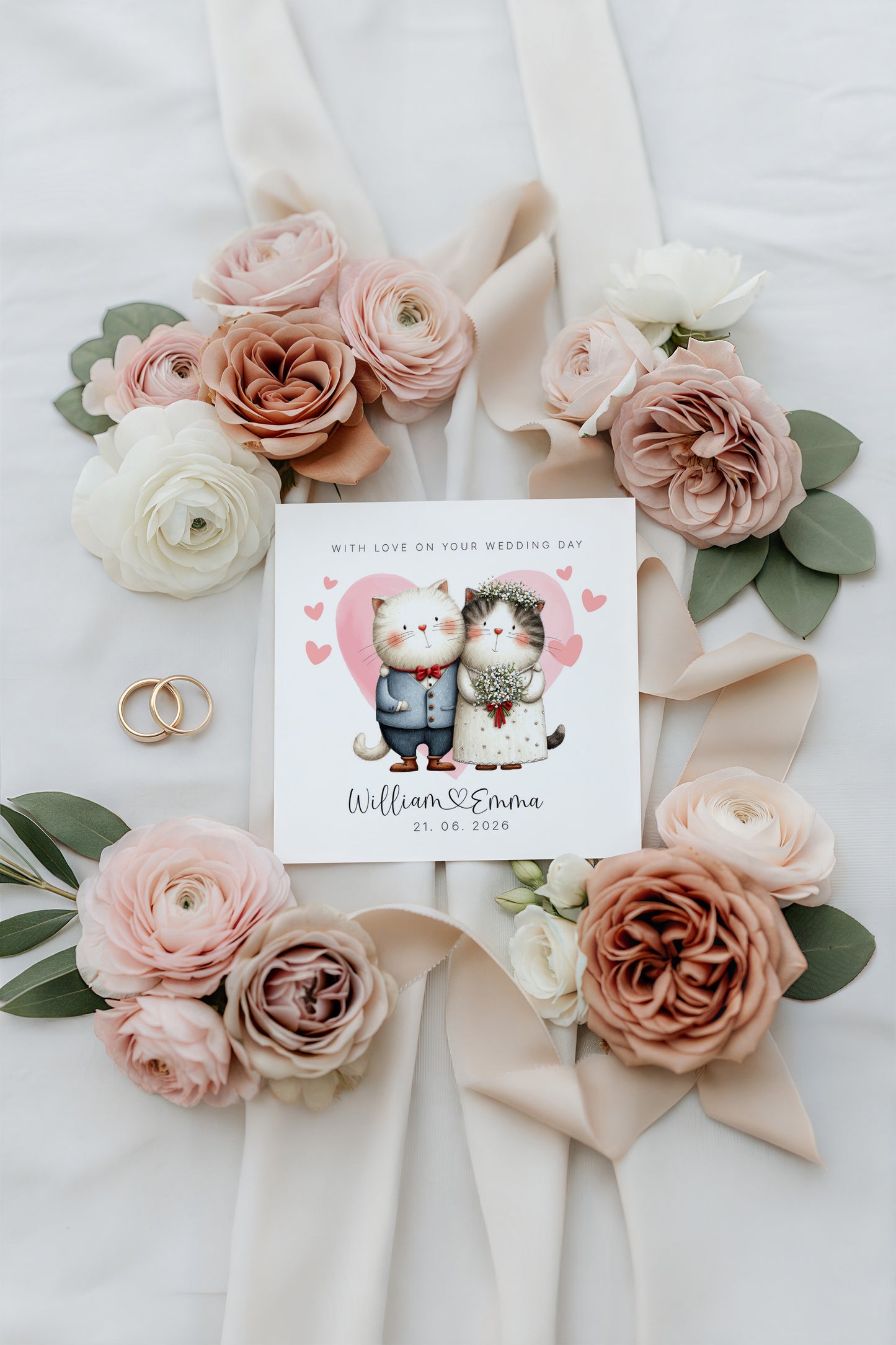 Personalised Wedding Card – Custom Couple's Names & Wedding Date – Cute Cats Design - Wedding Congratulations Card for Newlywed couples, Cat Lovers, Him or Her - Pink Envelope Included