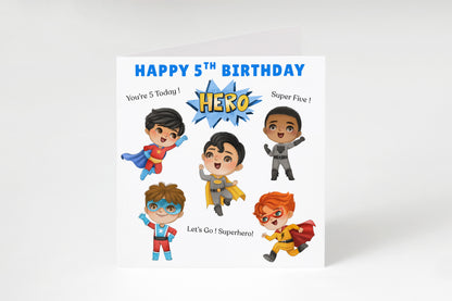Superhero 5th Birthday Card for Boys – Superhero Characters Design for Age 5 Years Old, Fifth Birthday Kids, Little Birthday Hero, Son, Grandson, Nephew –  Blue Envelope Included