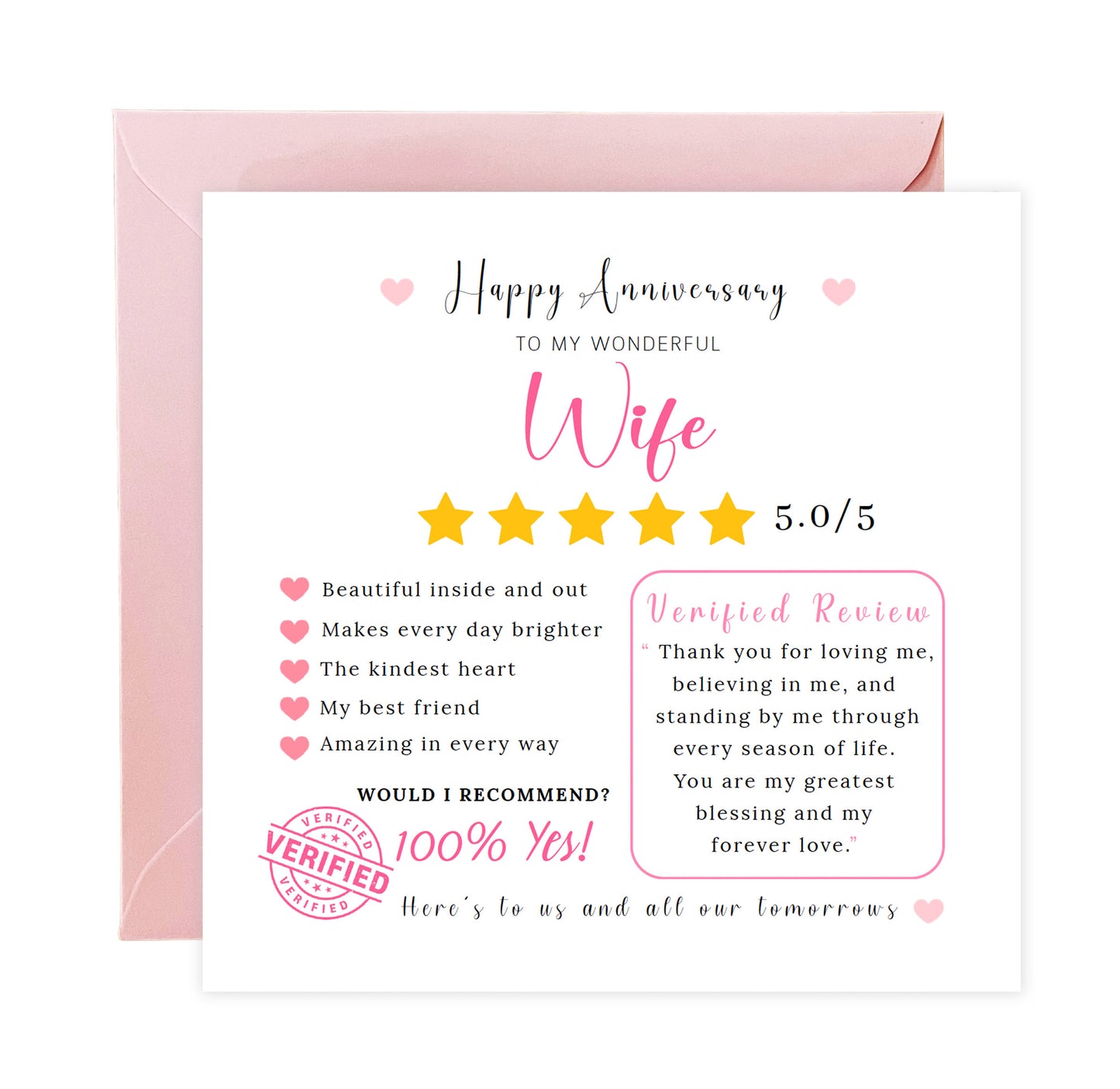 Funny Anniversary Card for Her - 5 Star Review Anniversary Card for Wife, Wedding, Dating, Relationship Milestones 1st, 2nd, 3rd, 5th, 10th, 20th 30th - Pink Envelope Included