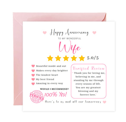 Funny Anniversary Card for Her - 5 Star Review Anniversary Card for Wife, Wedding, Dating, Relationship Milestones 1st, 2nd, 3rd, 5th, 10th, 20th 30th - Pink Envelope Included