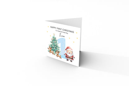 Personalised 1st Christmas Card for Baby Boy – Cute Santa, Reindeer and  Christmas Tree Design with Customised Name & Message, Watercolor First Xmas Card for Son, Grandson, Nephew - Blue  Envelope Included