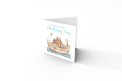 Christening Day Card for Boy – Noah's Ark and Cute Animals Design – With Love on Your Christening Day Religious Baptism Christening Card for Boys, Son, Grandson, Nephew with Blue Envelope