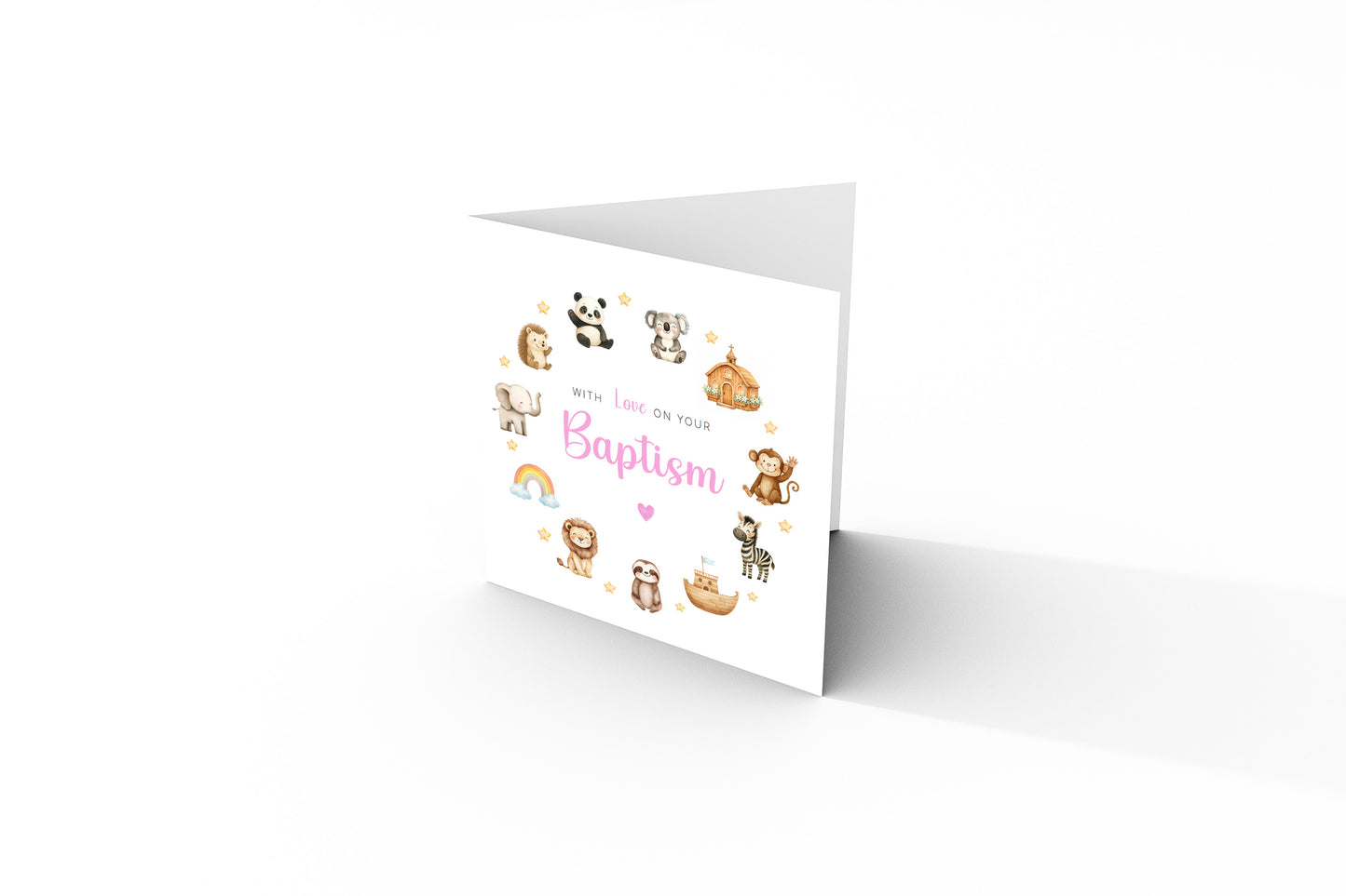 Christening Day/ Baptism Card for Girl – Cute Animals Design – With Love On Your Baptism - Religious Christening Card for Girls, Daughter, Granddaughter, Niece with Pink Envelope