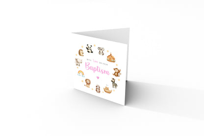 Christening Day/ Baptism Card for Girl – Cute Animals Design – With Love On Your Baptism - Religious Christening Card for Girls, Daughter, Granddaughter, Niece with Pink Envelope