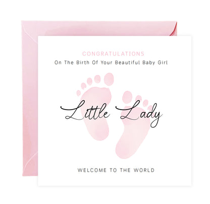 New Baby Girl Card Congratulations for Newborn Girl, Welcome To The World Card, Baby Shower for Daughter, Granddaughter, Niece, Little One - Baby Feet Design - Pink Envelope Included