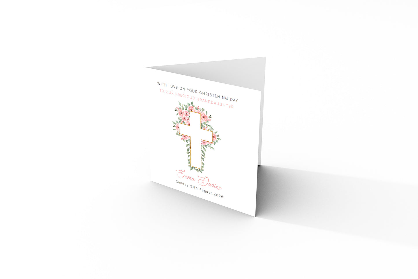 Personalised Christening Card for Girl – Custom Baptism Card with Message, Name & Date - Roses Cross Design – Religious Baptism Card for Girls, Daughter, Granddaughter, Niece - Pink Envelope Included