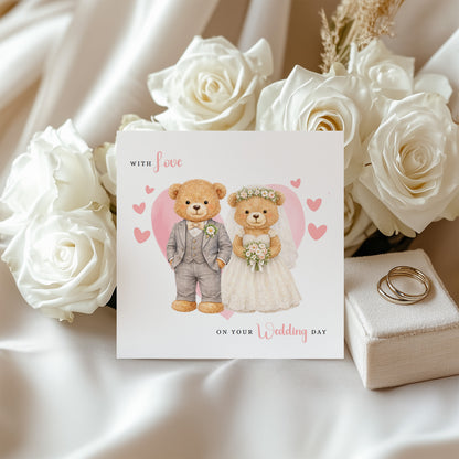 Wedding Card for Bride & Groom with Cute Teddy Bear Design - Wedding Day Congratulations Greeting Keepsake Love Card for Him or Her - Pink Envelope Included